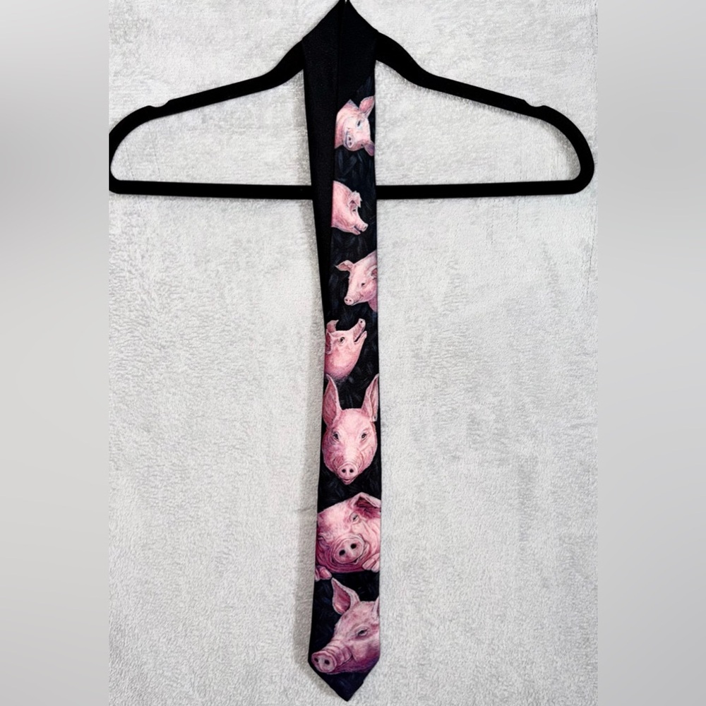 Ralph Marlin RM Tie Black Pink Pigs 3" Wide 55" Long Polyester‎ USA